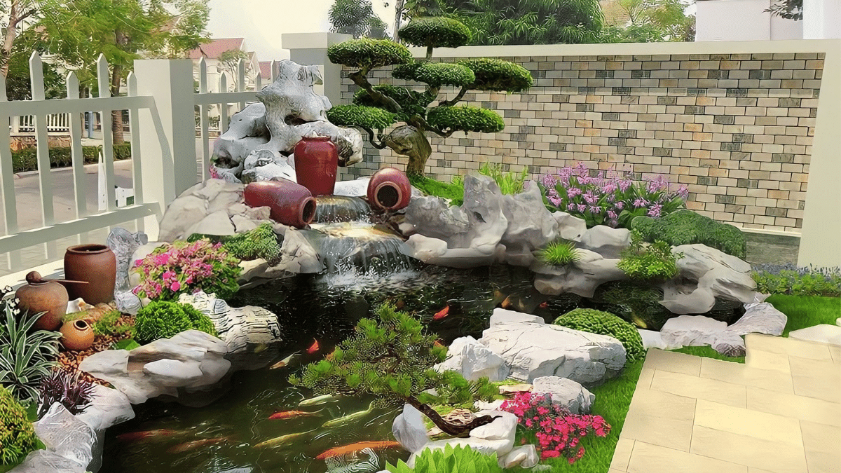 Sân vườn đẹp đơn giản với hồ cá koi